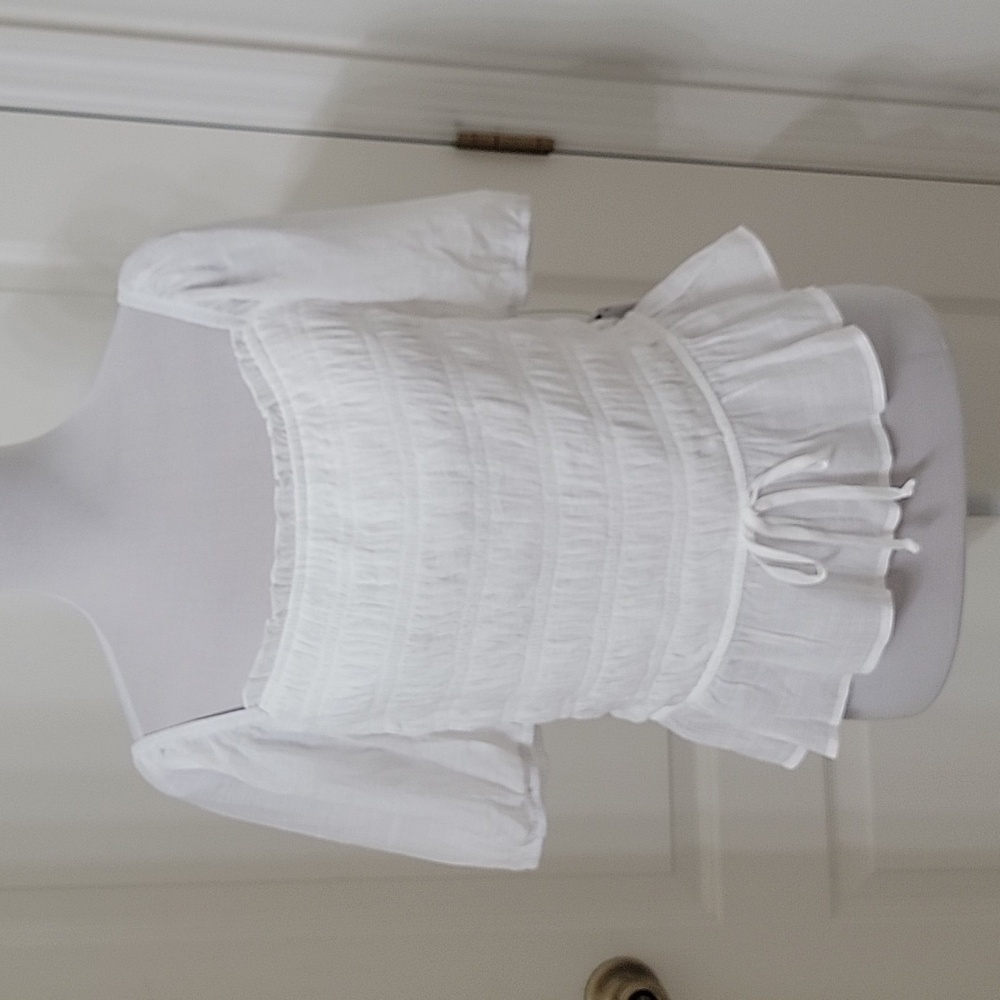 BCX Size XL Off-White Smocked Puff-Sleeve, Square Neck Top, NEW with Tags